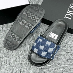 Dép LV Xanh navy bò rách Thiết Kế Quai Dán Điều Chỉnh To/Nhỏ , dép lv quai dán đế độn cao cấp ( Hàng Full Box Bill )