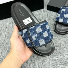 Dép LV Xanh navy bò rách Thiết Kế Quai Dán Điều Chỉnh To/Nhỏ , dép lv quai dán đế độn cao cấp ( Hàng Full Box Bill )