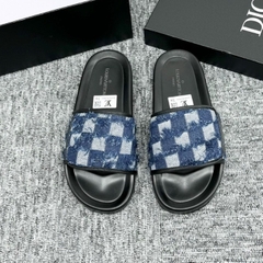Dép LV Xanh navy bò rách Thiết Kế Quai Dán Điều Chỉnh To/Nhỏ , dép lv quai dán đế độn cao cấp ( Hàng Full Box Bill )