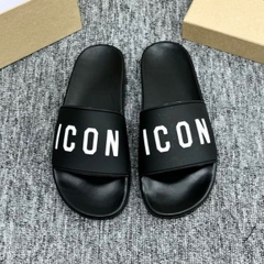 Dép hót mới DSQ ICON  đen full. Chữ icon in nổi, Đế dập vân chống trơn trượt cực cốt 2024