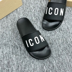 Dép hót mới DSQ ICON  đen full. Chữ icon in nổi, Đế dập vân chống trơn trượt cực cốt 2024