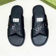 Dép Kẹp quai chéo GC Da Nam Cao Cấp Da Trơn, Da Vân Cá Sấu Kèm logo kim loại