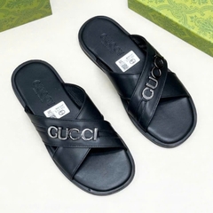 Dép Kẹp quai chéo GC Da Nam Cao Cấp Da Trơn, Da Vân Cá Sấu Kèm logo kim loại
