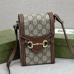 Túi xách DA nữ đeo chéo Túi đeo chéo da nam nữ mini bag GG nâu hoạ tiết chữ chéo monogram móc xích khoá nam châm