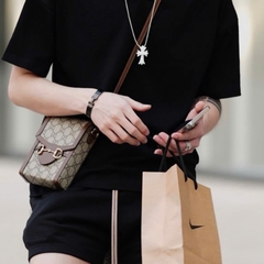 Túi xách DA nữ đeo chéo Túi đeo chéo da nam nữ mini bag GG nâu hoạ tiết chữ chéo monogram móc xích khoá nam châm