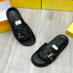 Dép lê nam quai ngang Eo Vì dệt quai da vân monogram thêu chữ đế khắc logo kim loại  cao cấp