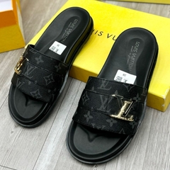Dép lê nam quai ngang Eo Vì dệt quai da vân monogram thêu chữ đế khắc logo kim loại  cao cấp