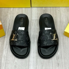 Dép lê nam quai ngang Eo Vì dệt quai da vân monogram thêu chữ đế khắc logo kim loại  cao cấp