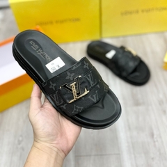 Dép lê nam quai ngang Eo Vì dệt quai da vân monogram thêu chữ đế khắc logo kim loại  cao cấp