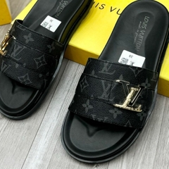 Dép lê nam quai ngang Eo Vì dệt quai da vân monogram thêu chữ đế khắc logo kim loại  cao cấp