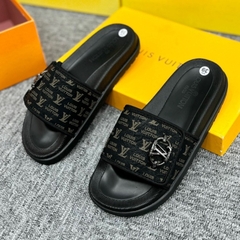 Dép lê nam nữ quai dán ngang Eo Vì dệt quai da vân monogram thêu chữ đế khắc logo kim loại cao cấp
