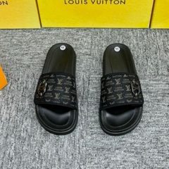 Dép lê nam nữ quai dán ngang Eo Vì dệt quai da vân monogram thêu chữ đế khắc logo kim loại cao cấp