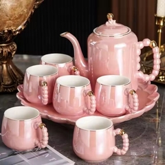 Bộ ấm trà Bắc Âu gốm sứ tráng men viền vàng ngọc trai Ruby