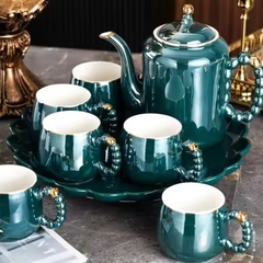 Bộ ấm trà Bắc Âu gốm sứ tráng men viền vàng ngọc trai Ruby