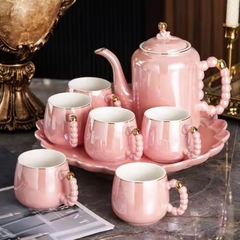 Bộ ấm trà Bắc Âu gốm sứ tráng men viền vàng ngọc trai Ruby