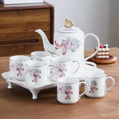 Bộ ấm trà cà phê gốm viền vàng khay xoay Ruby