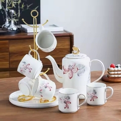 Bộ ấm trà cà phê gốm viền vàng khay xoay Ruby