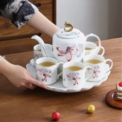 Bộ ấm trà cà phê gốm viền vàng khay xoay Ruby