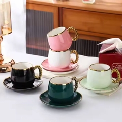 Bộ tách trà cà phê sứ trắng hạt vàng sang trọng Ruby