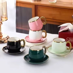 Bộ tách trà cà phê sứ trắng hạt vàng sang trọng Ruby
