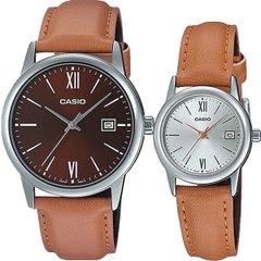 Đồng Hồ Casio Cặp Đôi MTP-V002L-5B3UDF & LTP-V002L-7B3UDF Dây Da - Mặt Số La Mã - Chống Nước