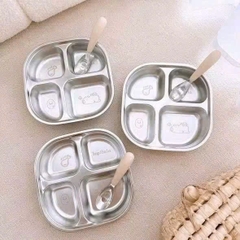 KHAY ĂN DẶM INOX 4 NGĂN – TẶNG KÈM THÌA CHO BÉ YÊU 😻