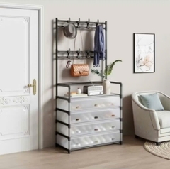 Kệ 5 Tầng chữ H Để Giày Dép Có Màng Chắn Bụi, Kệ Giày Dép 5 Tầng Khung Thép, Kèm 8 Móc Treo Đồ