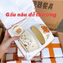 SET 2 BÁT HỌA TIẾT GẤU KÈM THÌA