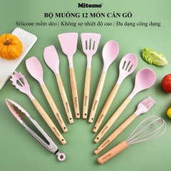 Bộ Dụng Cụ Nấu Ăn Silicone Cán Gỗ Tự Nhiên 12 Món Mitomo - An Toàn, Chịu Nhiệt Cao