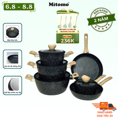 Bộ nồi chảo vân đá 6 món chống dính cao cấp Mitomo Queen Time Màu Đen