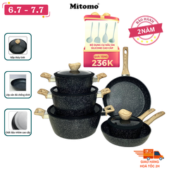 Bộ nồi chảo vân đá 6 món chống dính cao cấp Mitomo Queen Time Màu Đen