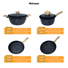 Bộ nồi chảo vân đá 6 món chống dính cao cấp Mitomo Queen Time Màu Đen