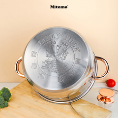 Bộ nồi inox 6 món cao cấp Mitomo Kaisa Villa KV001 Nắp Vàng - Đáy 5 Lớp Nguyên Khối