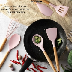 Bộ Dụng Cụ Nấu Ăn Silicone Cán Gỗ Tự Nhiên 12 Món Mitomo - An Toàn, Chịu Nhiệt Cao