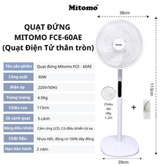 Quạt đứng Mitomo FCE-60AE có điều khiển từ xa, hẹn giờ