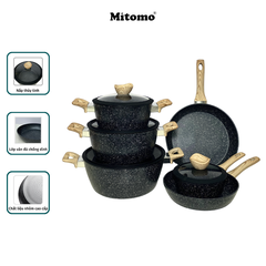 Bộ nồi chảo vân đá 6 món chống dính cao cấp Mitomo Queen Time Màu Đen