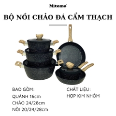 Bộ nồi chảo vân đá 6 món chống dính cao cấp Mitomo Queen Time Màu Đen