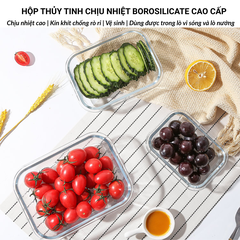 Bộ 3 Hộp Thuỷ Tinh Hình Chữ Nhật Nắp Trong Suốt Đựng Phực Phẩm Cao Cấp Mitomo