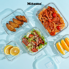 Bộ 3 Hộp Thuỷ Tinh Nắp Trong Suốt Hình Vuông Đựng Phực Phẩm Cao Cấp Mitomo
