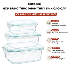 Bộ 3 Hộp Thuỷ Tinh Hình Chữ Nhật Nắp Trong Suốt Đựng Phực Phẩm Cao Cấp Mitomo