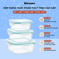Bộ 3 Hộp Thuỷ Tinh Nắp Trong Suốt Hình Vuông Đựng Phực Phẩm Cao Cấp Mitomo