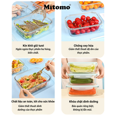Bộ 3 Hộp Thuỷ Tinh Nắp Trong Suốt Hình Vuông Đựng Phực Phẩm Cao Cấp Mitomo