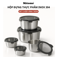 Bộ 5 Hộp Bảo Quản Thực Phẩm Inox 304 Hình Tròn – Kín Hơi, An Toàn, Bền Đẹp