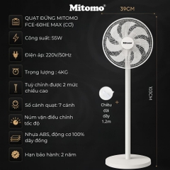 Quạt Đứng Cao Cấp Mitomo FCE-60HE Max - Phím cơ, hoạt động siêu êm ái