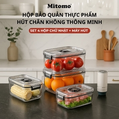 Bộ 4 Hộp Bảo Quản Thực Phẩm Hút Chân Không Thông Minh Mitomo – Giữ Tươi Lâu Gấp 3 Lần