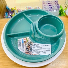 Khay ăn chia 3 ngăn kèm khay để cốc Inomata (hình tròn - màu xanh)