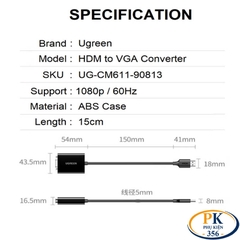 Cáp chuyển HDMI sang VGA full HD CM611 chính hãng Ugreen 90813 dài 20CM
