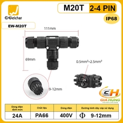 Đầu Cút Nối Chia Dây Điện Chữ T Chống Nước IP68 2,3,4 lõi Eweichat EW-M20T Ø10mm