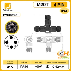 Đầu Cút Nối Chia Dây Điện Chữ T Chống Nước IP68 2,3,4 lõi Eweichat EW-M20T Ø10mm