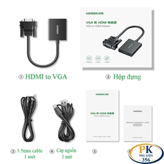 Cáp chuyển VGA audio sang HDMI full HD CM269 chính hãng Ugreen 50945 dài 15CM